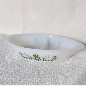 Vintage Glasbake Milk  Glass Green Daisy Flower Split Oval Casserole Dish